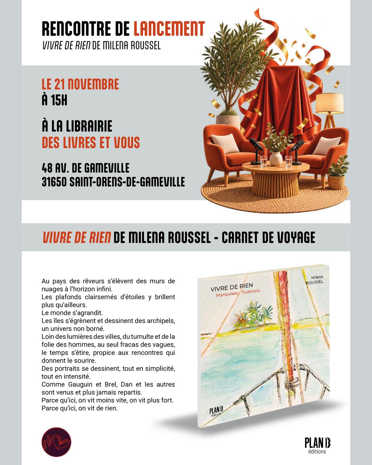 Affiche de la rencontre de lancement de Vivre de rien, le 21 novembre à 15 heures, à la librairie Des Livres et Vous.